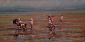 Peinture de A  kayoum Khounfais: Le Ramassage des Moules Plage du Butin ( à Honfleur France )