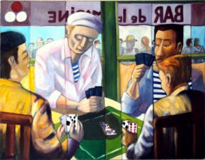 Peinture de Gerard Lesoeur: LA PARTIE DE CARTES  2 (série bar de la marine)