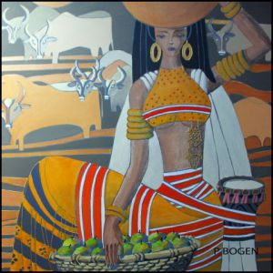 Peinture de bogen patrice: femme ethnique bergere