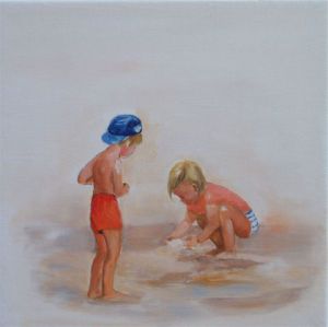 Peinture de francoise ader: enfants jouant sur la plage