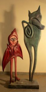Sculpture de unicornis: CHAPERON ROUGE ACCOMPAGNE DU LOUP