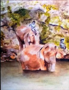 Peinture de Marie LOPEZ: Elephants Thaïs