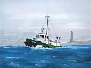 Peinture de Henri SACCHI: Remorqueur vert et blanc