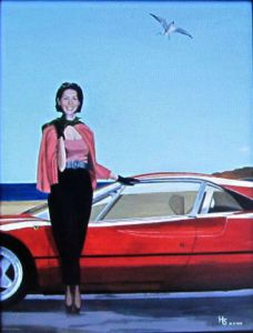 Peinture de Henri SACCHI: Emilie et sa Ferrari