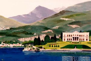 Peinture de Henri SACCHI: Villa italienne sur le lac