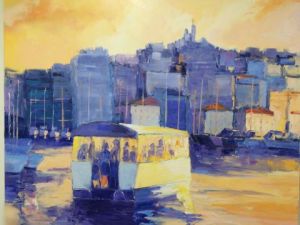 Peinture de Veronique LANCIEN: FERRY BOAT SOUS LE SOLEIL COUCHANT