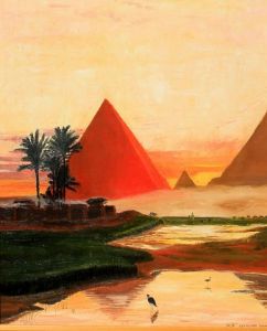 Peinture de P-P Blancher: Pyramides au couché de soleil