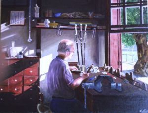 Peinture de claude LOTH: Le fabricant de Makilas au pays Basque