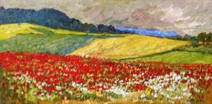 Peinture de Agnes Dortu: Champ de coquelicots à Bures-en-Bray