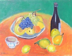 Peinture de DENISE JOUVE: nature morte a la bouteille