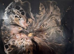 Peinture de Claudine Hebert: Fleur papillon  or, cuivre, noir