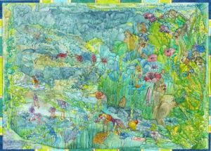 Peinture de Chantal Mazade: poules morilles