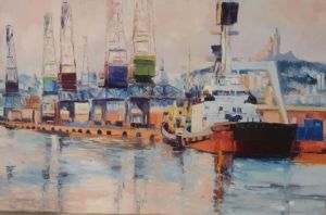 Peinture de Veronique LANCIEN: Les grues de la digue du large à Marseille 