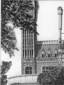 Dessin de Marcel Delcroix: le beffroi de l'hôtel de ville de Calais