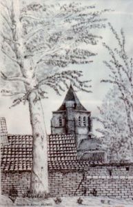 Dessin de Marcel Delcroix: L'eglise d' ardres vu de la rue de sources 