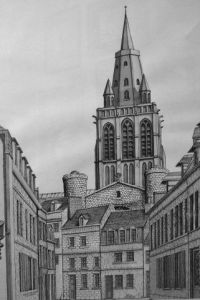 Dessin de Marcel Delcroix: L'eglise notre Dame de Calais 