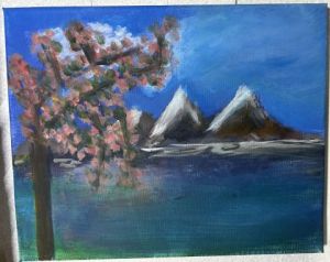 Peinture de Herve: Cerisier en Fleurs et Pics Glacés