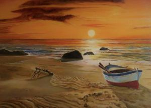 Peinture de Patmor: Barque sur la plage coucher de soleil