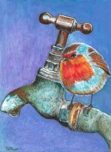 Peinture de Patmor: Rouge-gorge perché sur un robinet