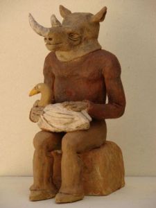 Sculpture de Guillaume Chaye: bebe rhino et le petit canard