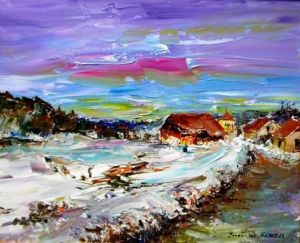 Peinture de JACQUELINE SCHELL: Hameau sous la neige