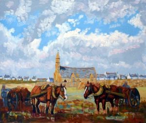 Peinture de lucien tanneau: goemoniers a la joie a penmar'ch