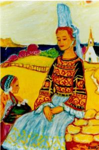 Peinture de EMILE ROCHER: Jeune Fille de Plougastel en costume de fete