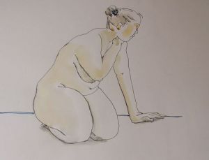 Dessin de Gilles Fabre: nu assi appui une main