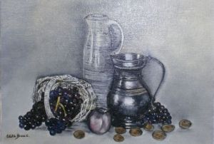 Peinture de Edith Bleu: Fruits et pots en etain