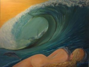 Peinture de Brigitte PERRAULT: Eve vagues et dauphins