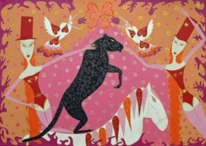 Peinture de PASCALE DELORY: la panthère noire sur son cheval blanc