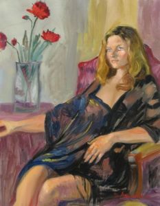 Peinture de Dominique  Amendola : Fille assise avecun vase de fleures rouges