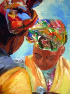 Peinture de Veronique LANCIEN: ELEGANTES ANTILLAISES A LEUR TOILETTE