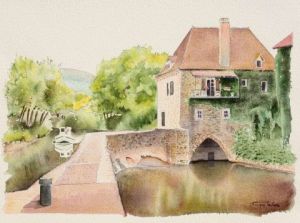 Peinture de Guy LE COZ: Le moulin de l'écluse à Saint-Cirq-lapopie