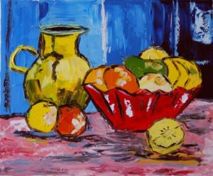 Peinture de JIEL: LE BROC JAUNE, A LA COUPE AUX FRUITS, ROUGE, SUR FOND BLEU