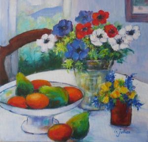 Peinture de Ginette JULLIEN: anemones et fruits