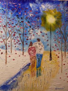 Peinture de Nicolas Couronnel : les amoureux de la neige