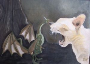 Peinture de DANIELE MORGANTI: chat curieux et dragon furieux