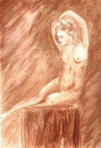 Dessin de Jean-Joseph Chevalier: Nue asssise main dans les cheveux