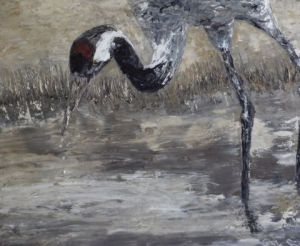 Peinture de cecile guiard: Grue a l'étang