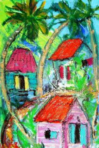 Peinture de MARIE INDIGO: 3 Shacks, 3 coconut trees 