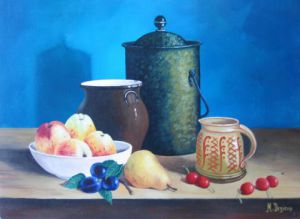 Peinture de marc degieux: Cruche verte et pommes
