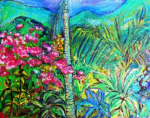 Peinture de MARIE INDIGO: Small palm and bougainvillers