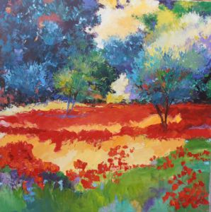 Peinture de Veronique LANCIEN: CLAIRIERE DE COQUELICOTS ET OLIVIER grand format
