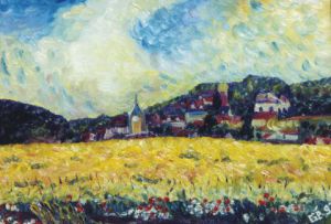 Peinture de Gerard SERVAIS: Champ d'orge à Bouglainval (28)