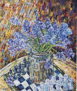 Peinture de Gerard SERVAIS: Jacinthes des bois et échiquier