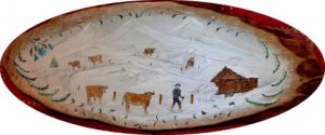 Peinture de peinture-montagne: poya, rentrée des vaches sous la neige