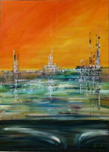 Peinture de Monique Pradoux: Couché de Soleil