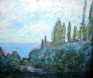 Peinture de Cristina Contilli: Alberi innevati sul lago (versione su tela)