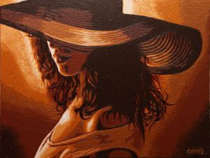 Peinture de guionie jean: belle à la capeline